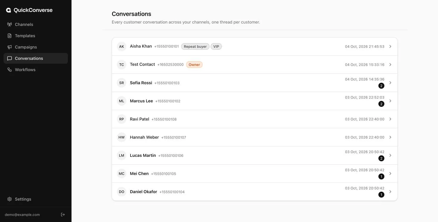The QuickConverse shared inbox with unread counts and tags