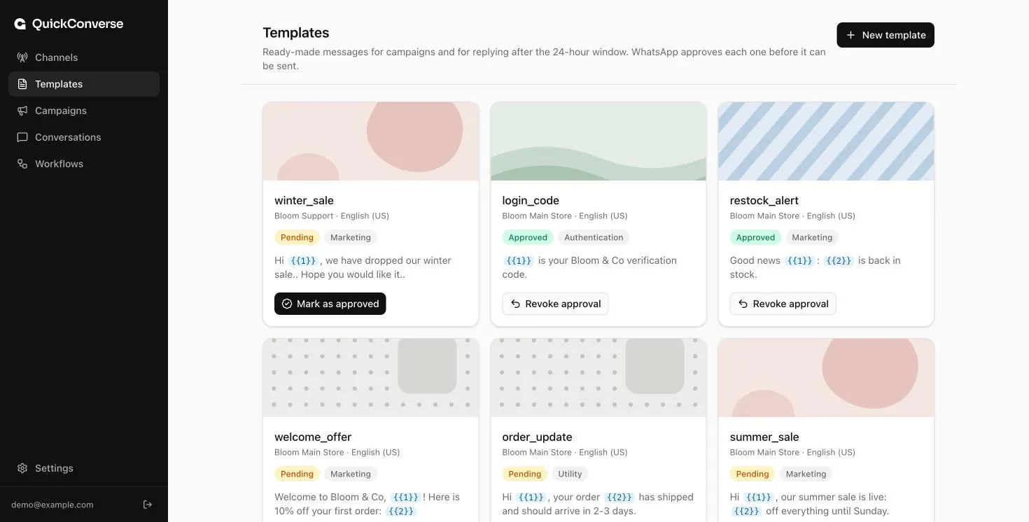WhatsApp message templates with approval status